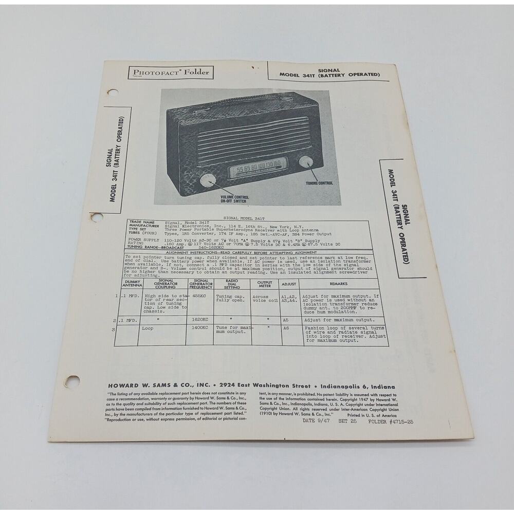 VTG Howard Sams 1947 Radio Photofact Folder Signal Model 341T Battery Operated